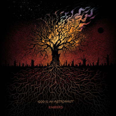 Album artwork for the God Is An Astronaut album Embers. A black tree with long tangled roots spread wide stands against a reddened sunset. The top of the tree is on fire in a stylised flame that starts in the traditional orange and red before moving to blue and purple at the top.