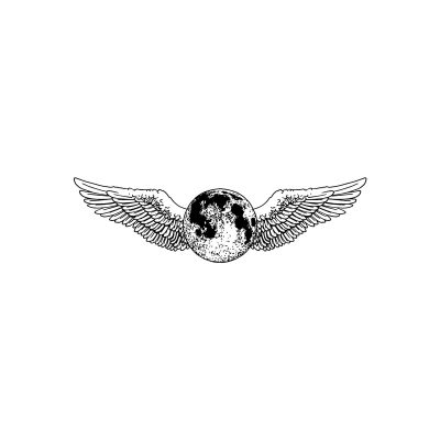 Black logo on a white background, showing the Moon with feathered wings outstretched on either side.