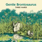 Cover of Gentle Brontosaurus album Three Hares, showing an drawing of a rabbit drinking at a pond, his reflection, and a skeleton of a rabbit to the side