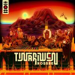 Album cover of Hoggar by the band Tinariwen. In the foreground is a large group of people, some playing instruments, all coloured in shades of orange, red, yellow, brown, and black. In the middle-ground is a large mountain, behind which is a sunset. The band name and album name are in white lettering.